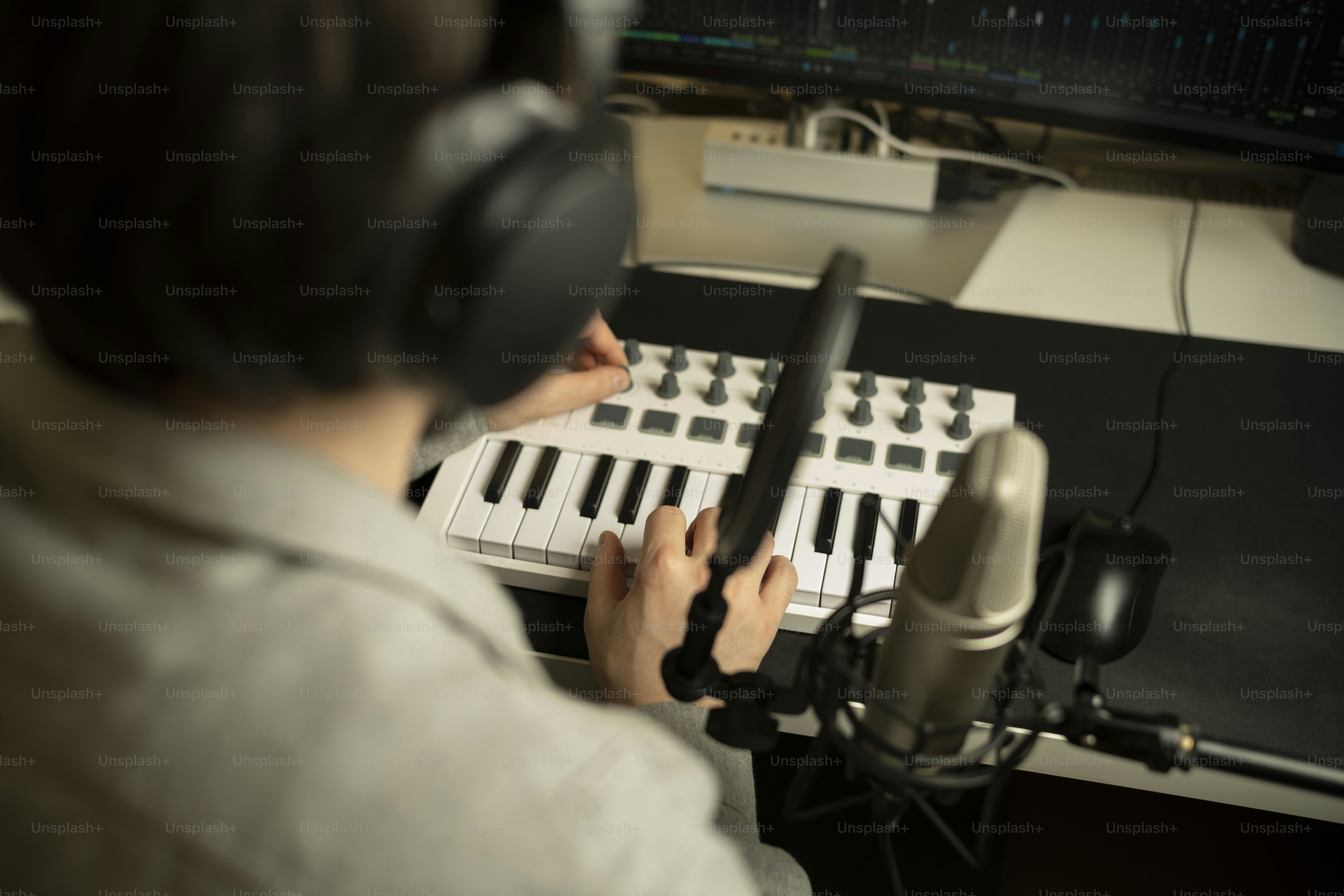 a person sitting in front of a keyboard with headphones on