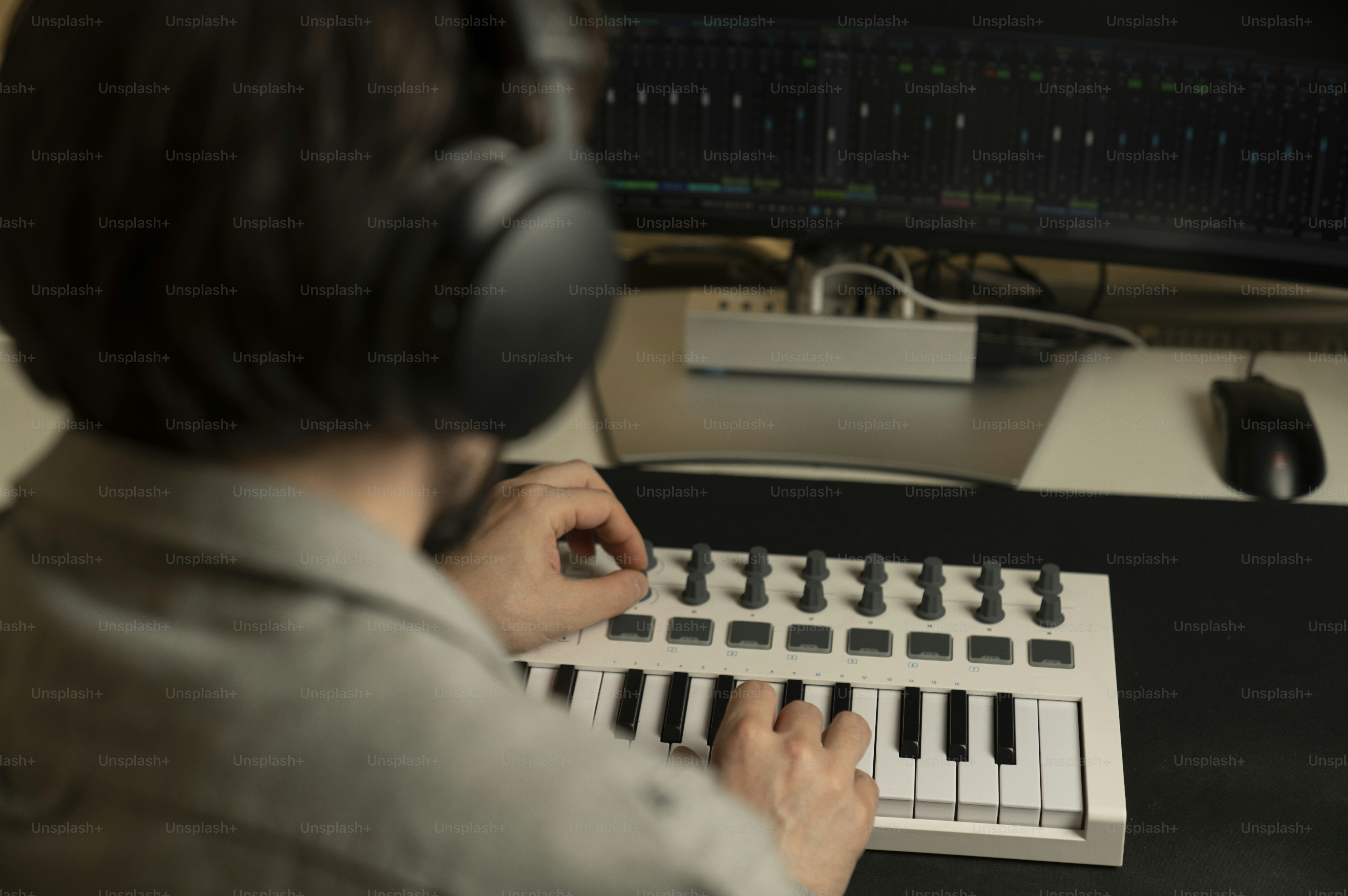 eine Person, die an einem Schreibtisch mit Tastatur und Kopfhörern sitzt