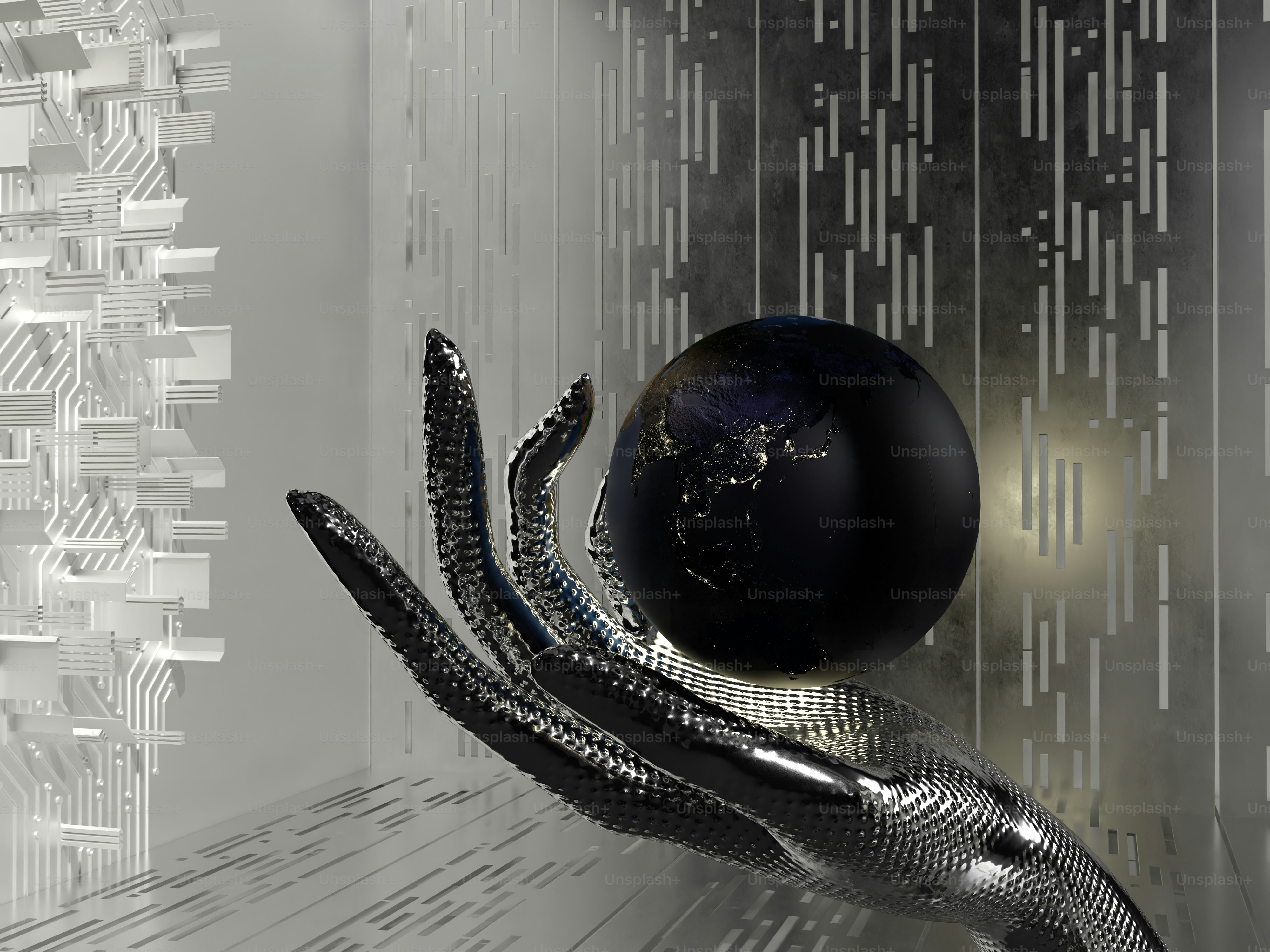 a black and white photo of a hand holding a black ball