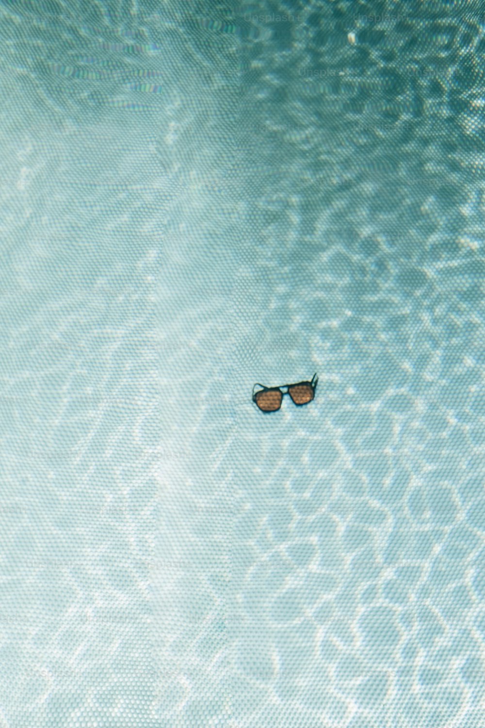 a pair of sunglasses floating in a pool of water