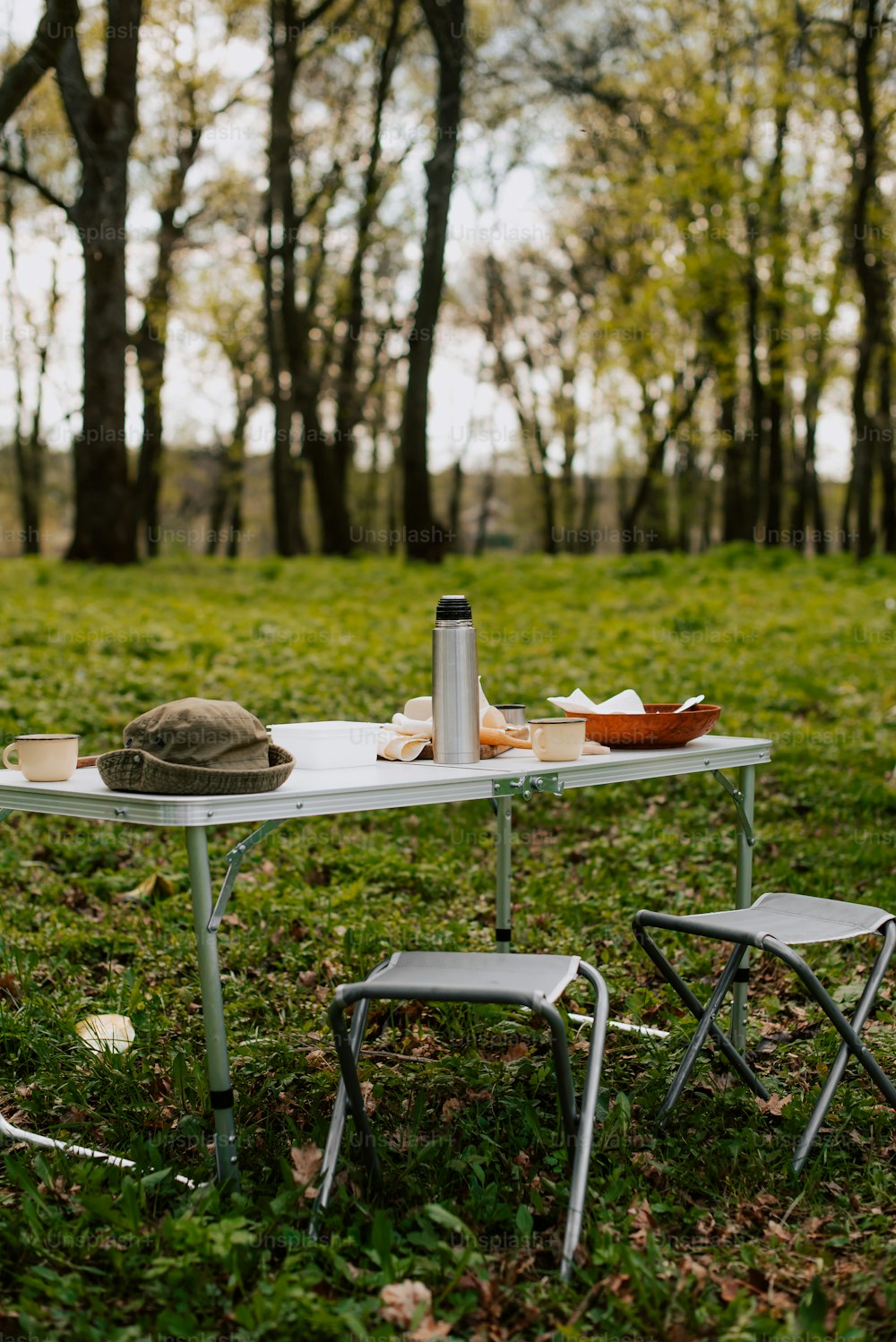una mesa de picnic instalada en medio de un campo