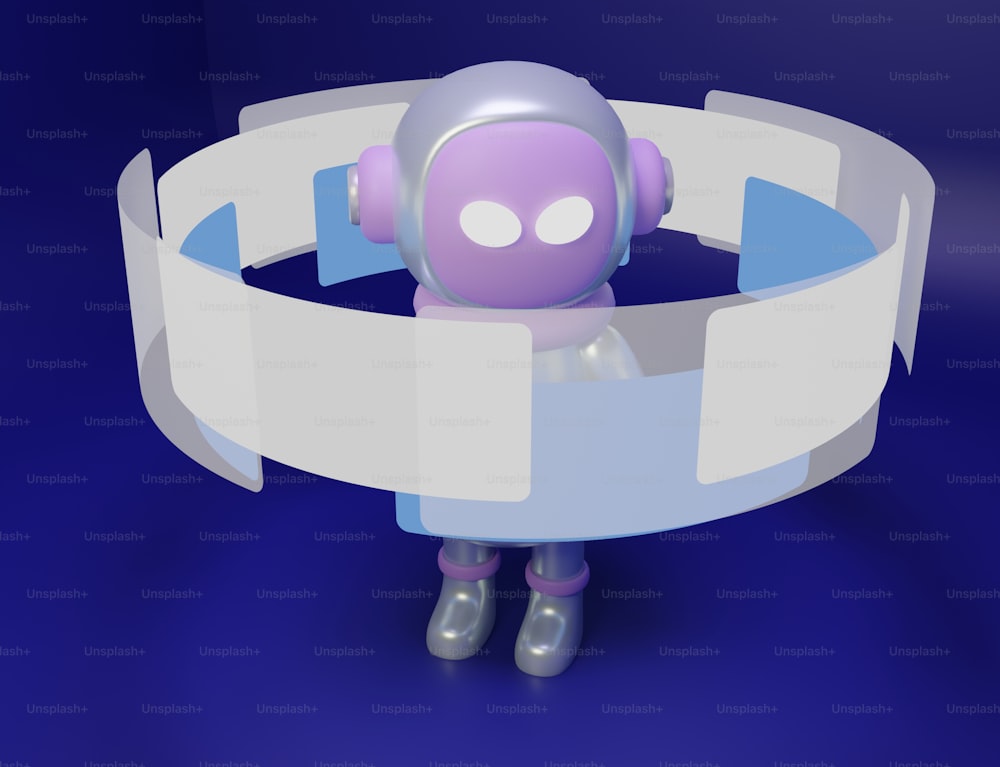 a purple robot is standing in front of a blue background