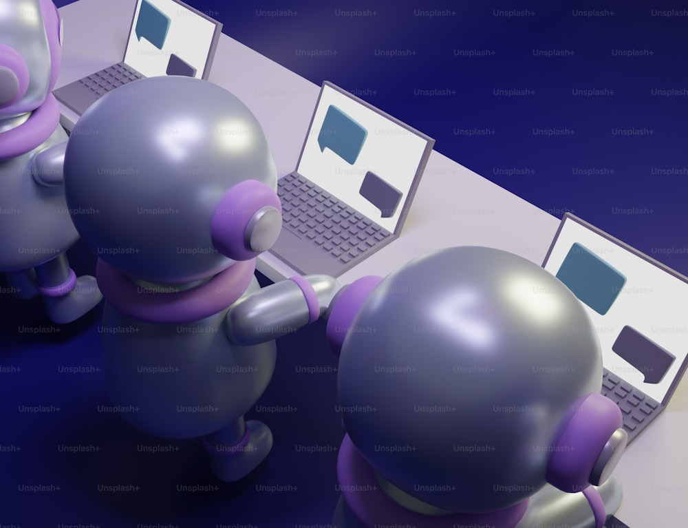 a couple of cartoon figures standing in front of laptops