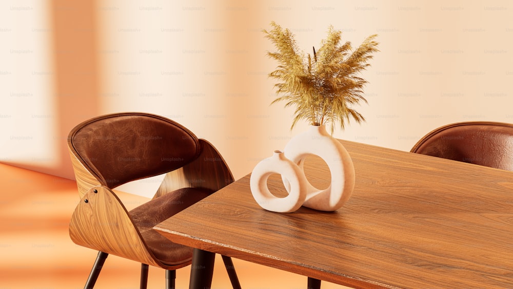 une table en bois avec deux chaises et un vase avec une plante dedans