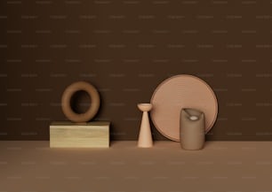 a table with a plate, vase, and other items