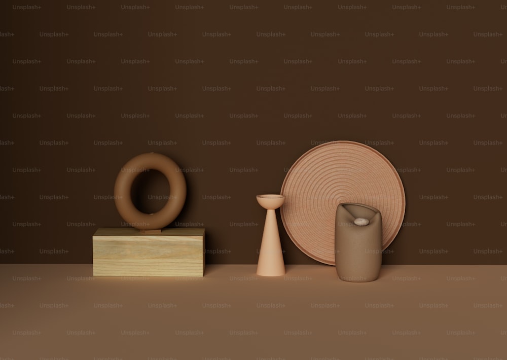ein Tisch mit einem Teller, einer Vase und anderen Gegenständen