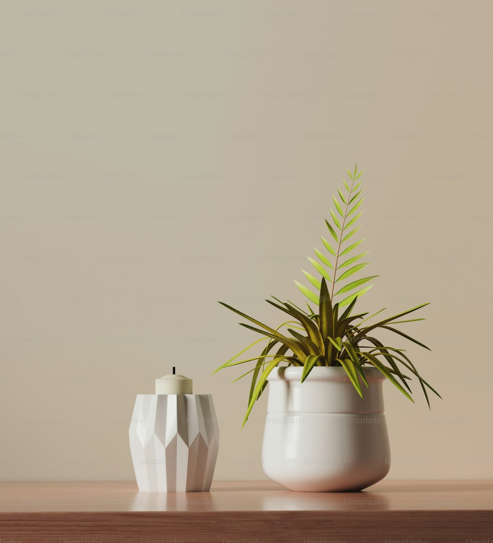 eine weiße Vase mit einer Pflanze darin auf einem Tisch