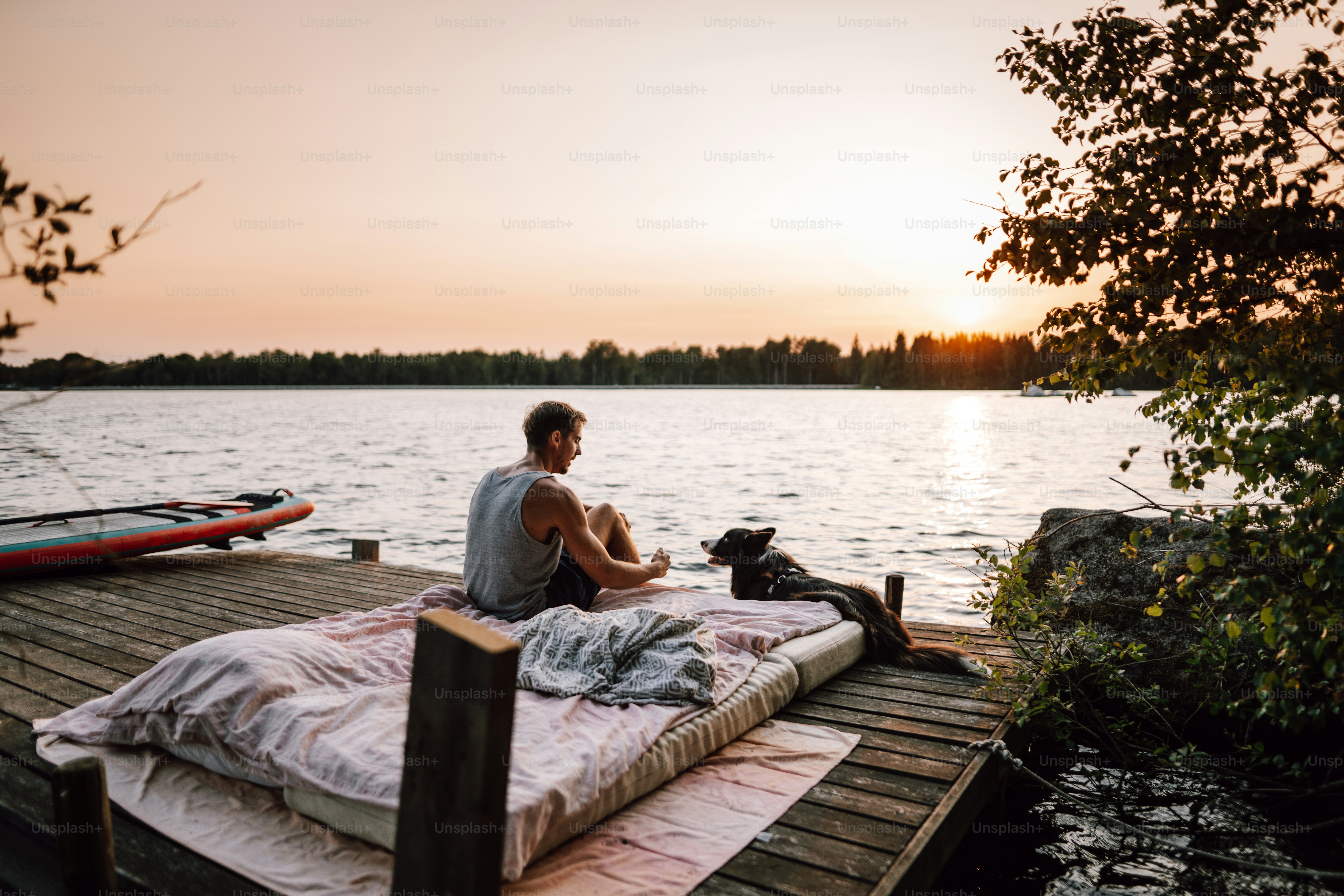 a man sitting on a dock next to a dog