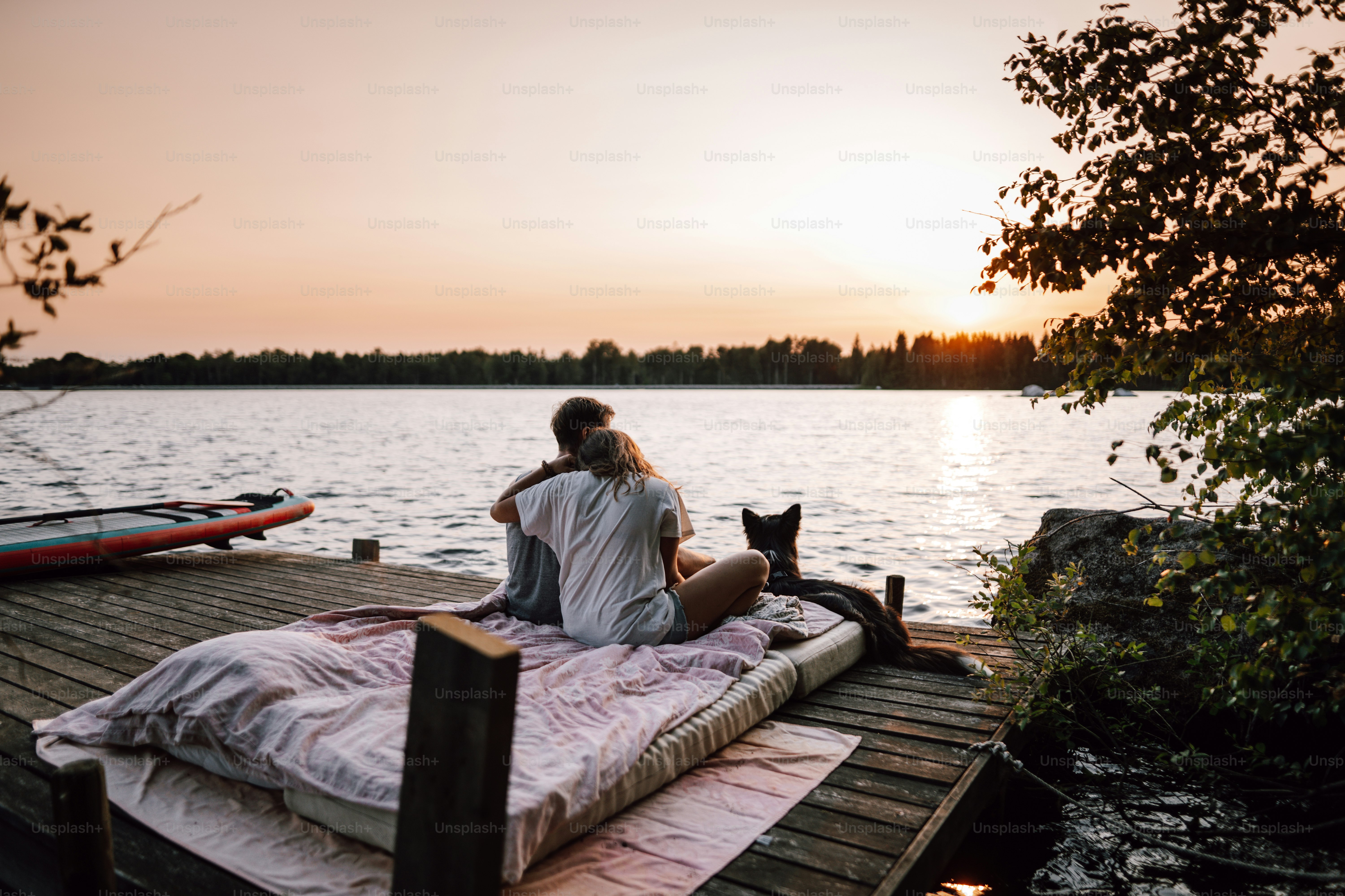 Un hombre y una mujer sentados en un muelle con un gato