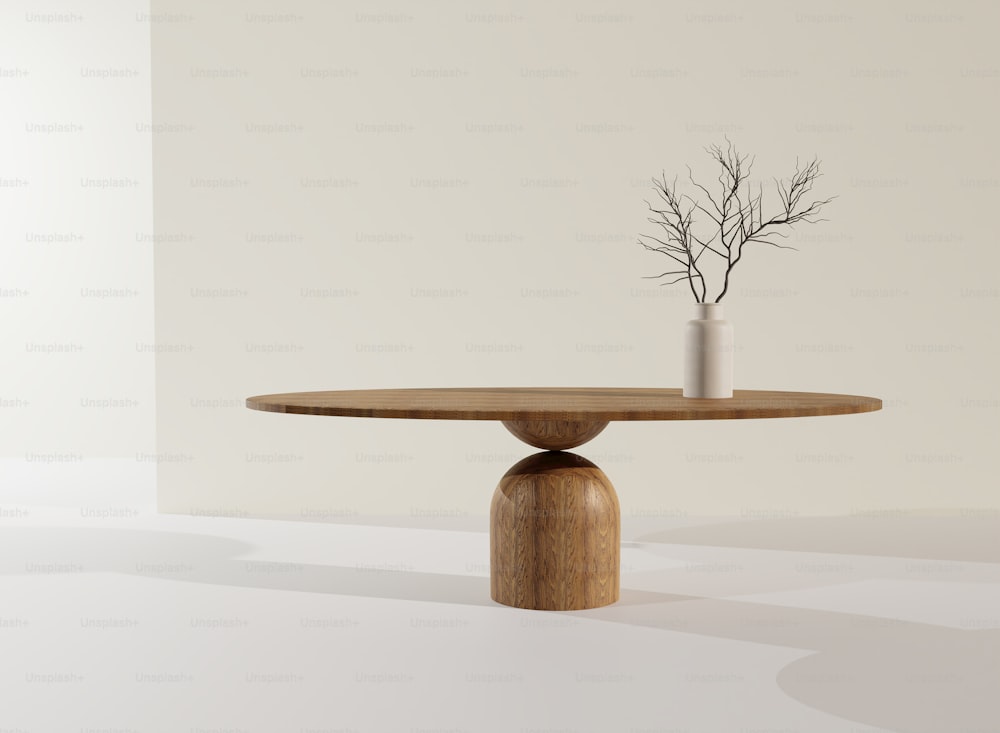 uma mesa de madeira com dois vasos em cima dela