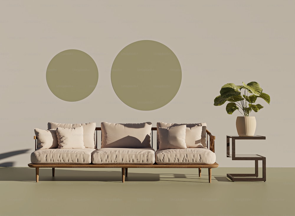 uma sala de estar com um sofá e um vaso de plantas
