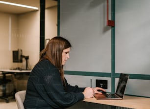 a woman sitting at a desk using a laptop computer