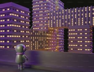 a small figure standing in front of a city at night