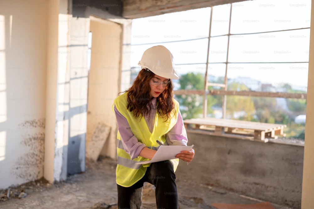 a woman in a hard hat is looking at a piece of paper