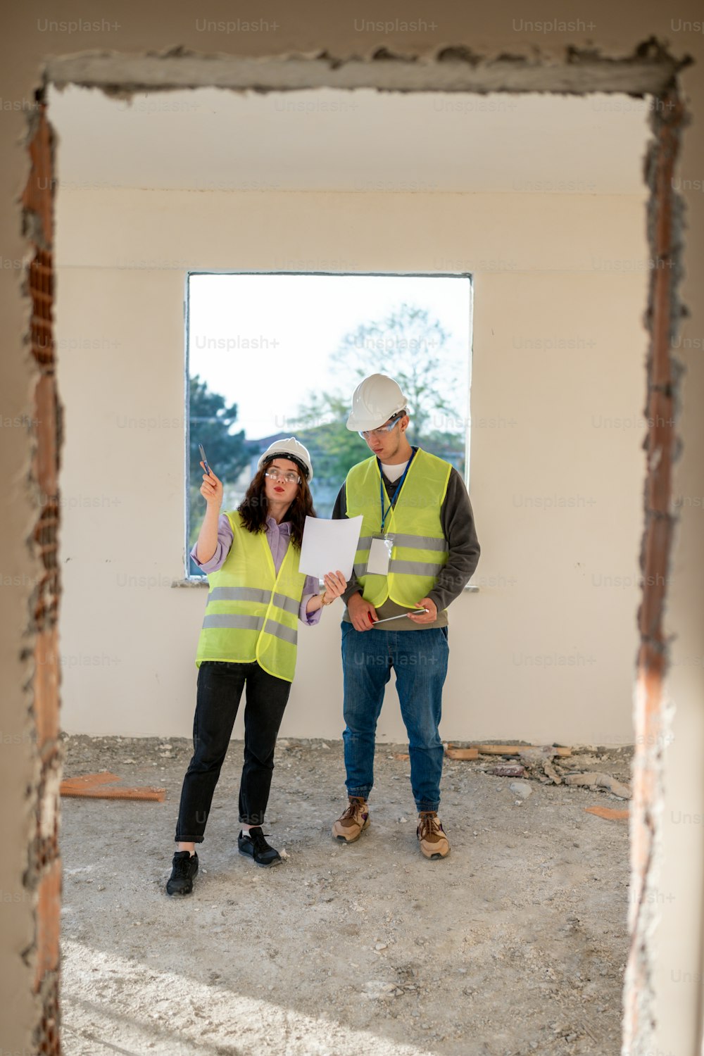 a man and a woman standing in a room under construction