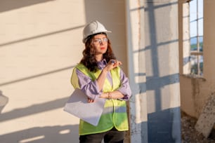 a woman wearing a hard hat and safety vest