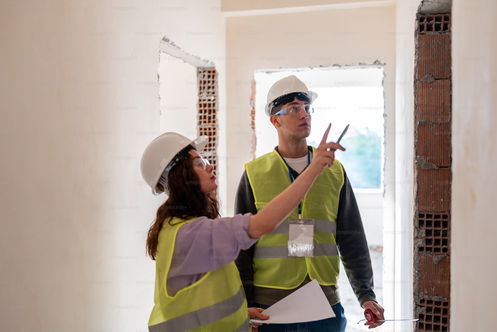 a man and a woman standing in a room under construction