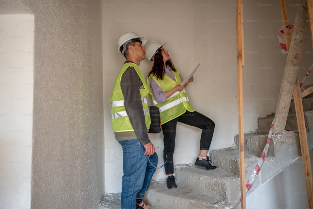 a man and a woman standing on some stairs