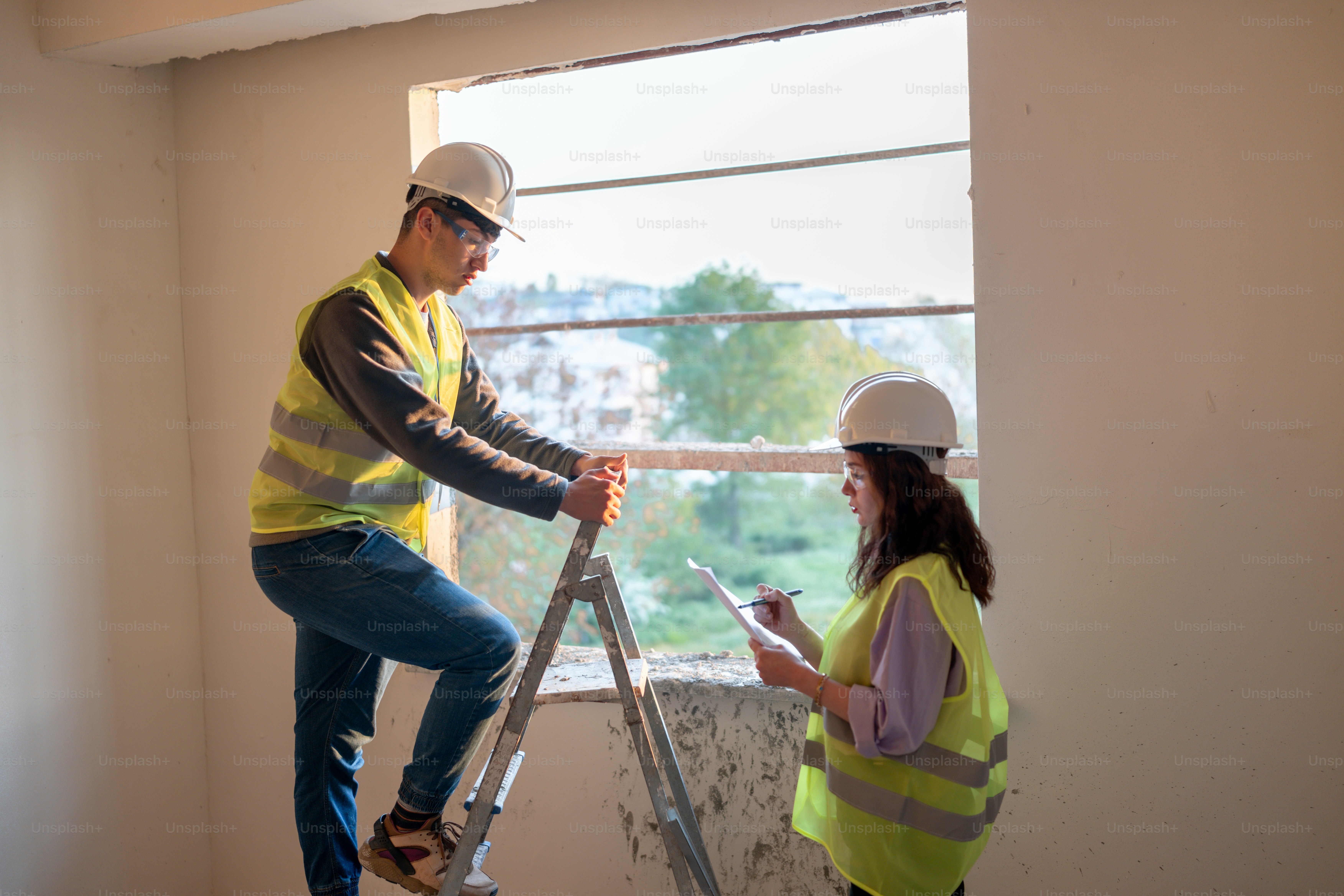 A man and a woman in safety vests walk through a construction site ...