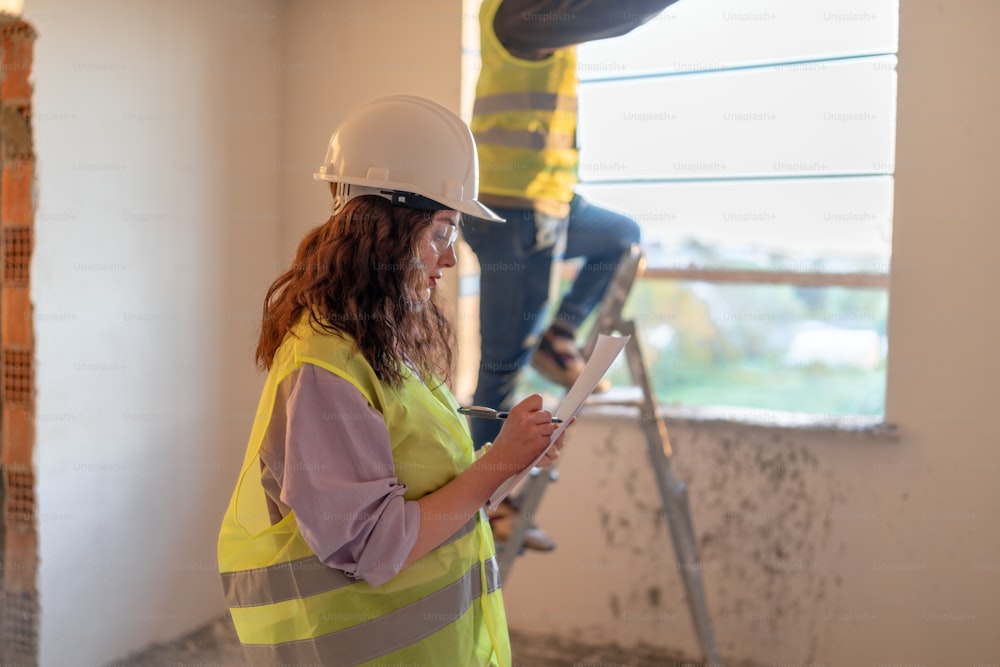 a woman in a hard hat standing on a ladder