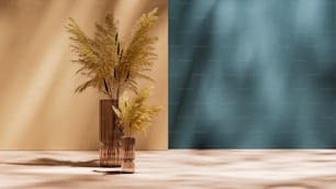 eine Vase mit einer Pflanze darin auf einem Tisch