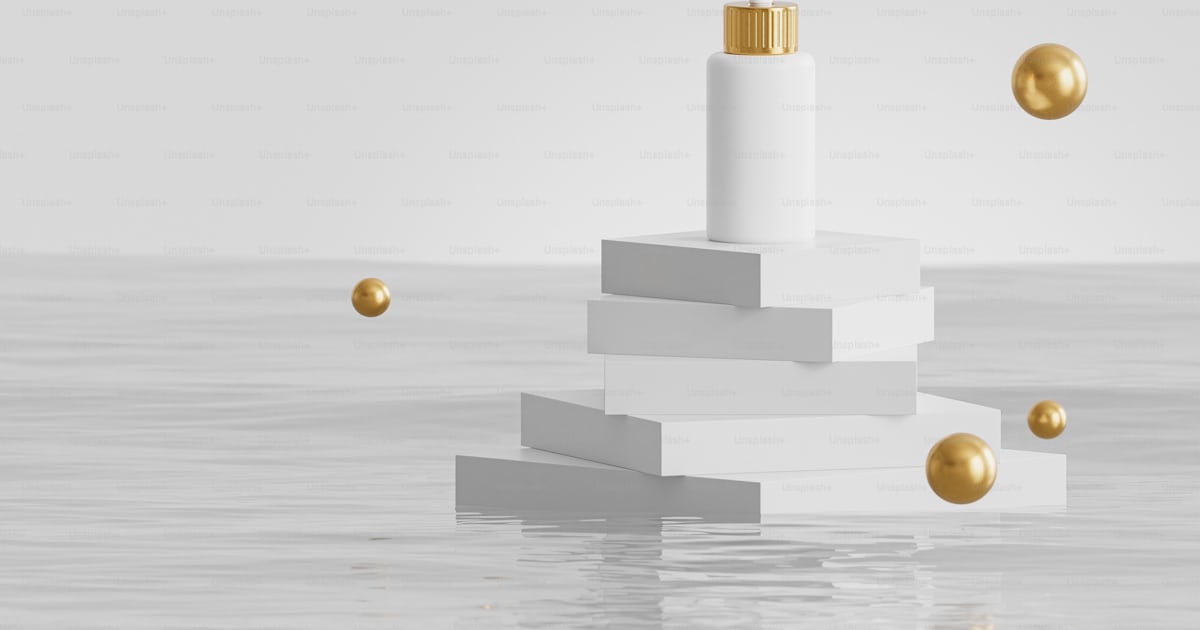 A white and gold object floating over a body of water photo 3d Image
