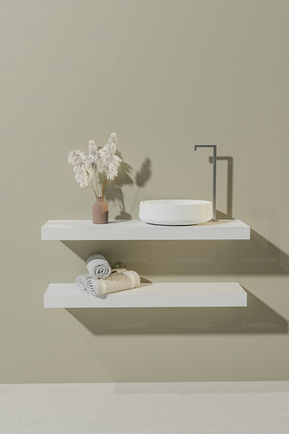 two white shelves with a sink and a towel rack