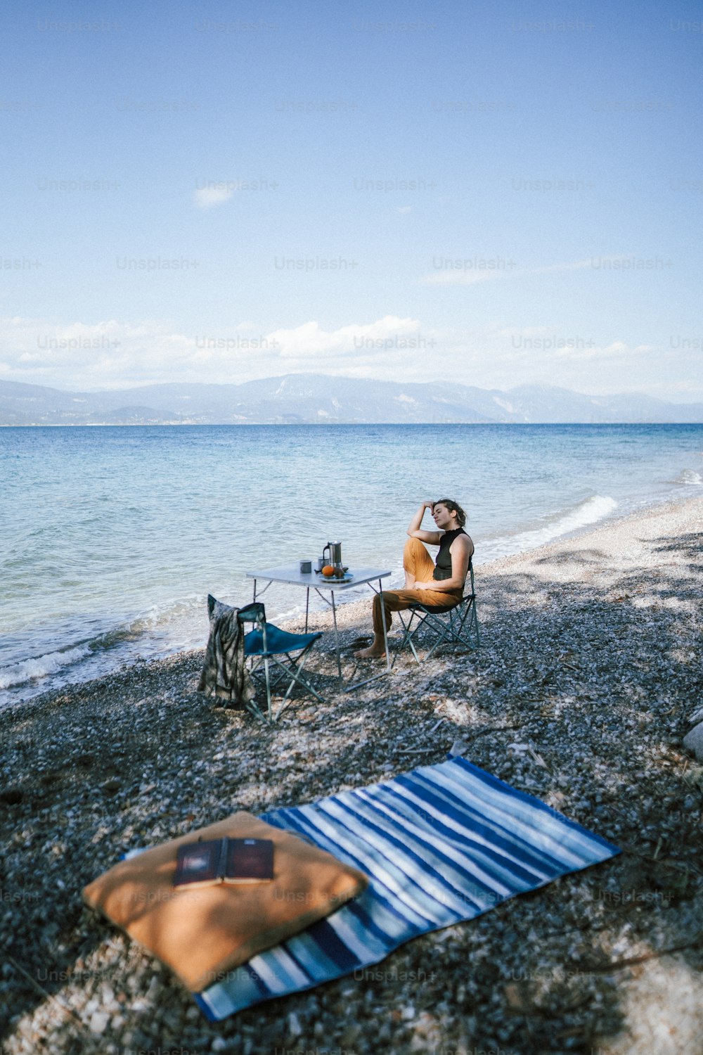 a man sitting in a chair on the beach