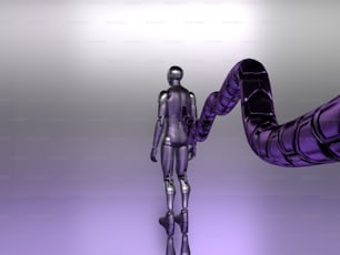 a purple robot standing next to a purple object