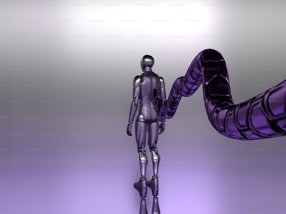 Un robot viola in piedi accanto a un oggetto viola