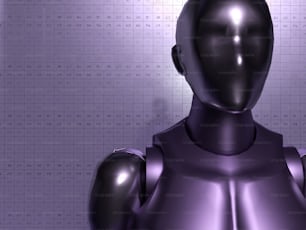 Un robot púrpura está parado frente a una pared