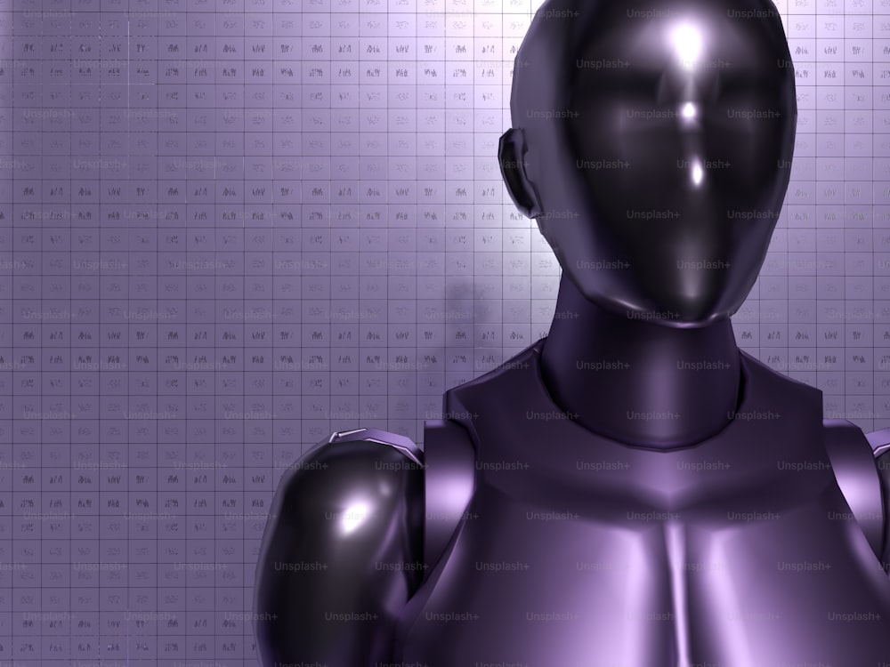 a purple robot is standing in front of a wall
