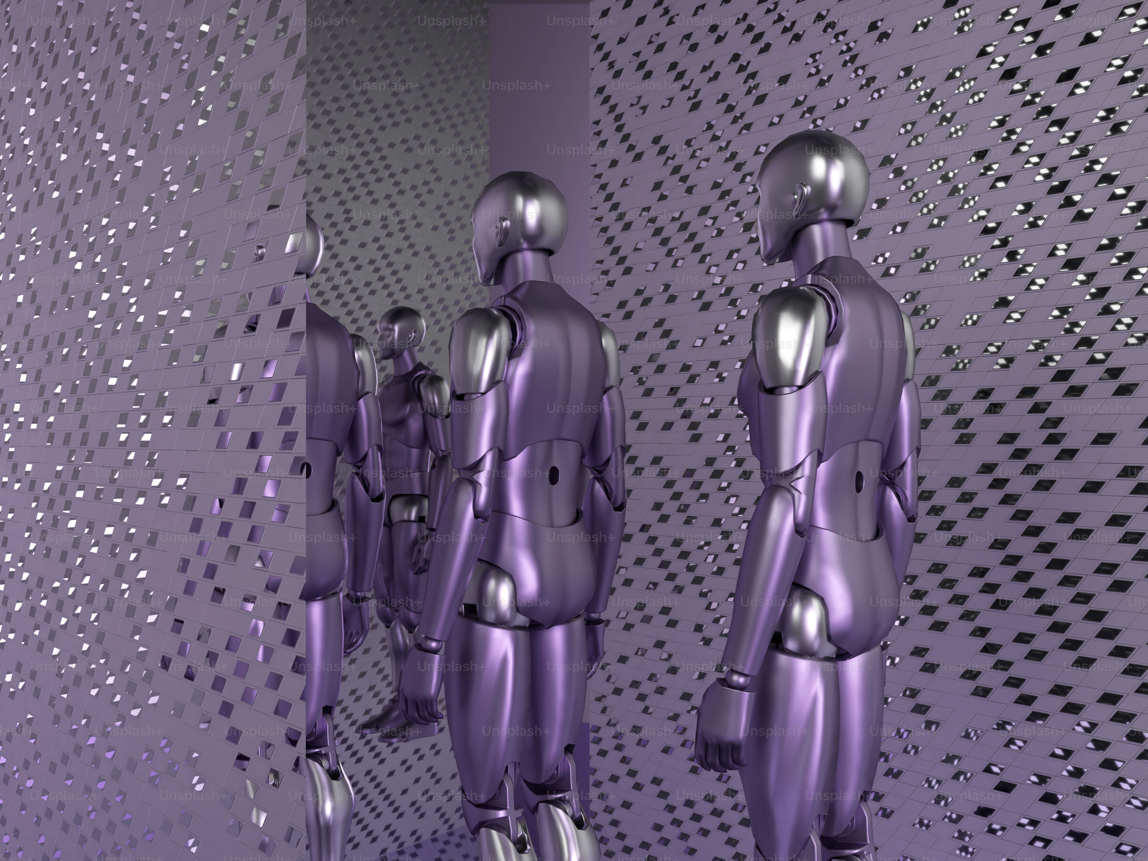 a group of metal figures standing next to each other