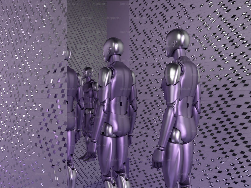 a group of metal figures standing next to each other