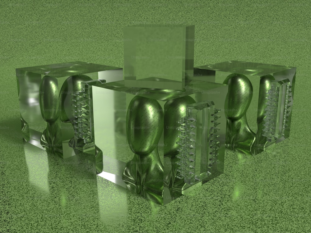 um grupo de objetos verdes brilhantes sentados em cima de um chão verde