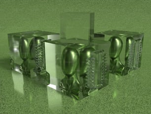 a group of shiny green objects sitting on top of a green floor