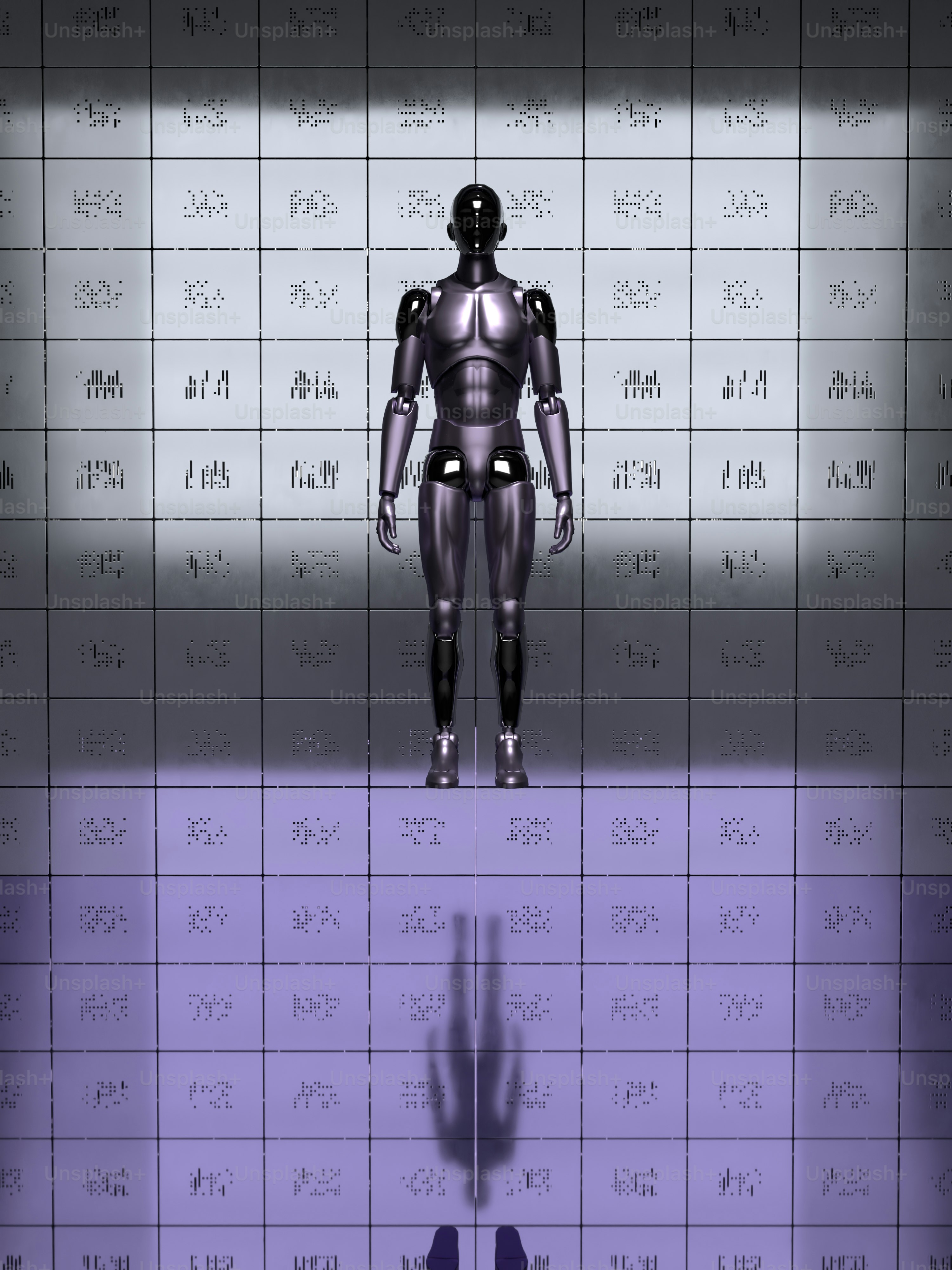 a robot standing in front of a wall of numbers