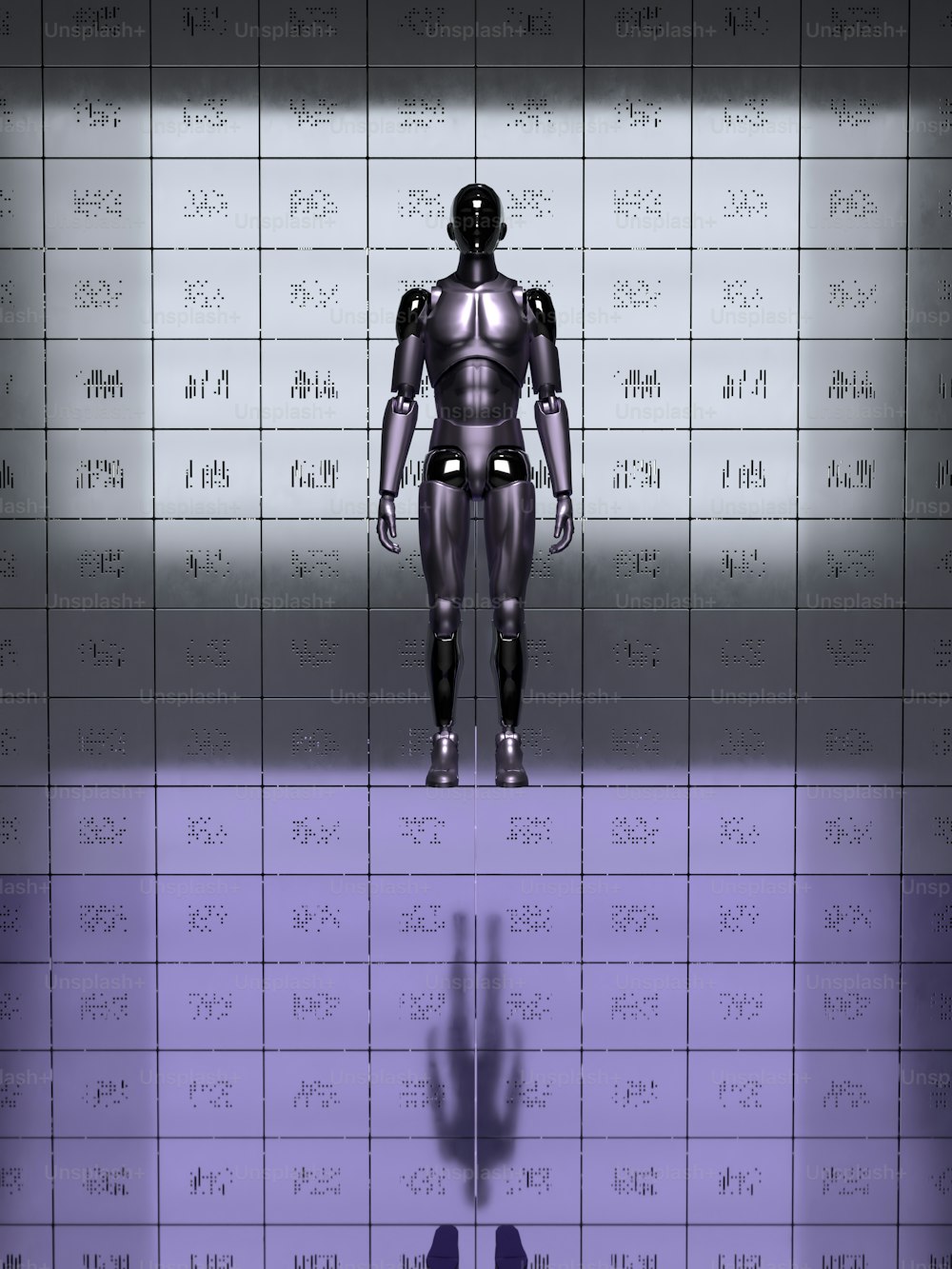 a robot standing in front of a wall of numbers