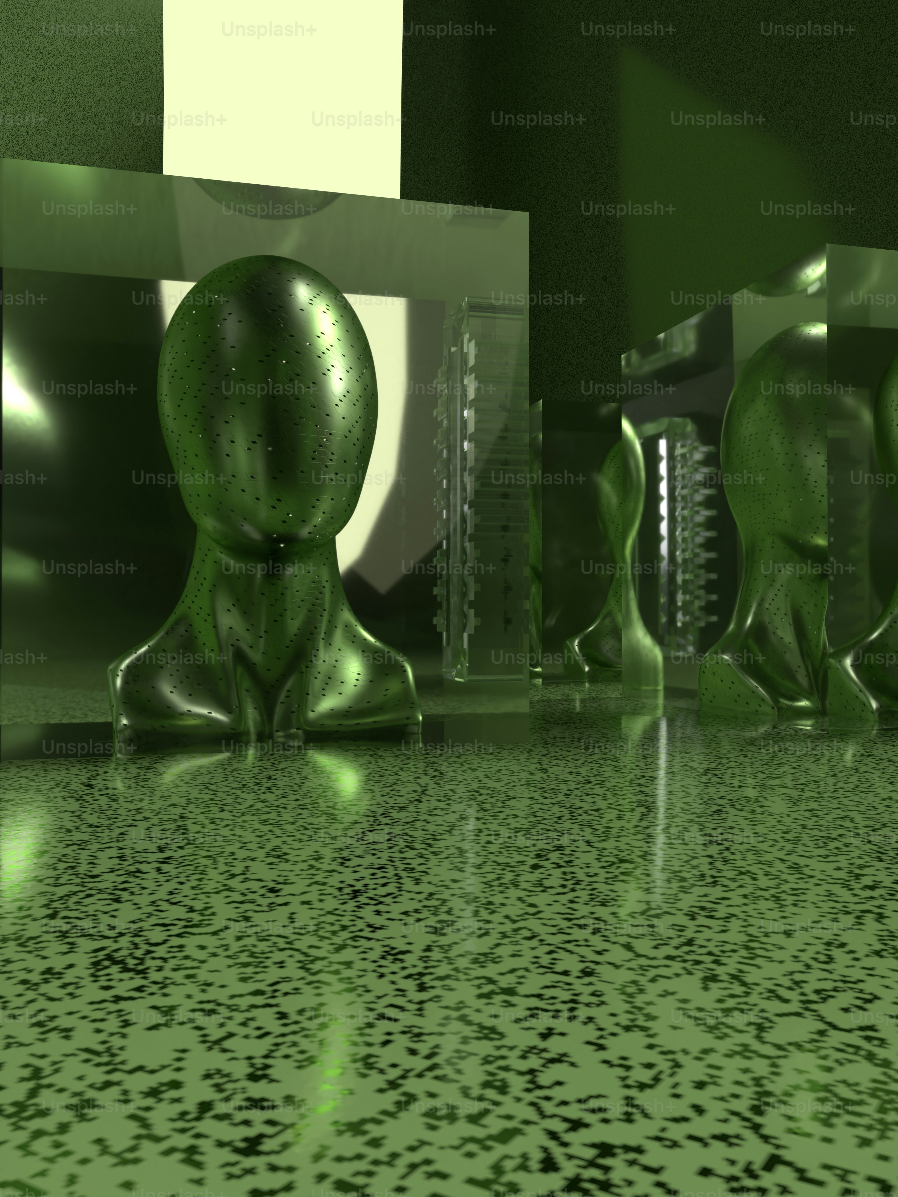 a room with a green floor and a mirror