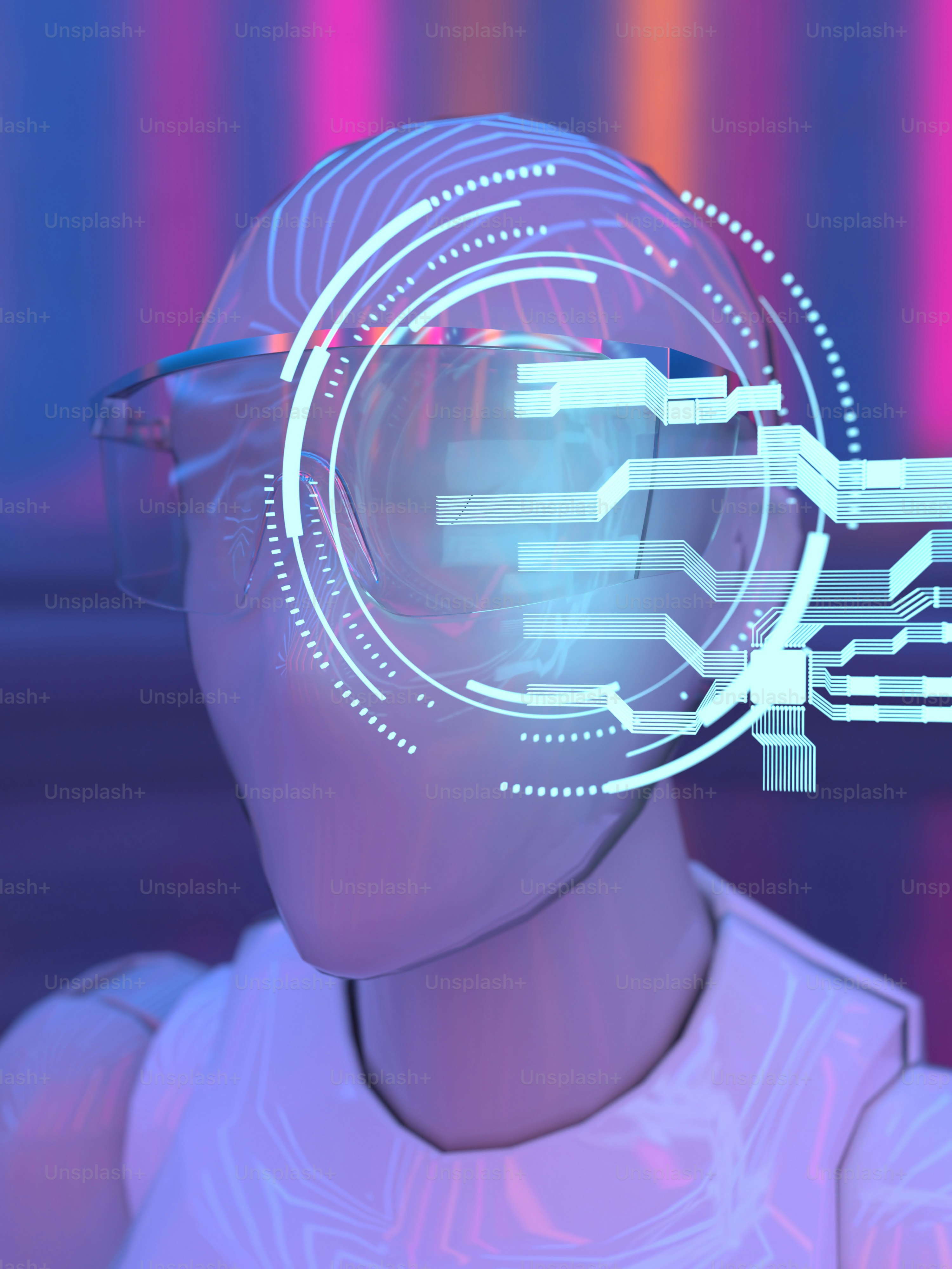 A man with a futuristic headpiece in front of a colorful background