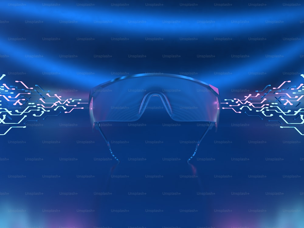 Um fone de ouvido de realidade virtual é mostrado na frente de um fundo azul