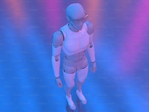 a white robot standing in front of a blue and pink background