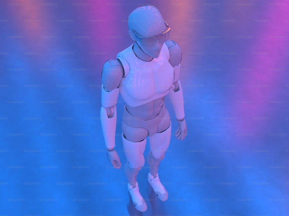 a white robot standing in front of a blue and pink background