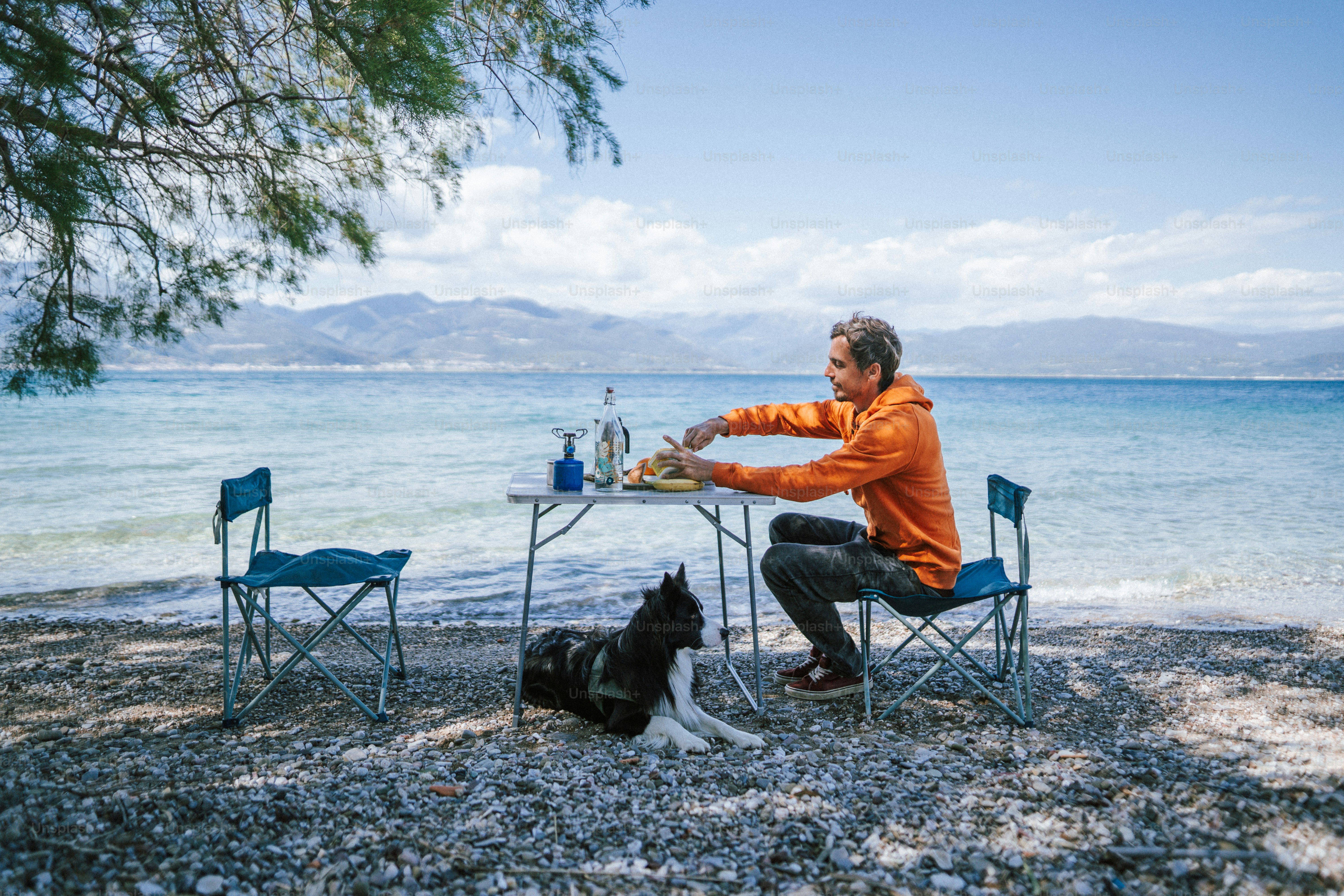 A man sitting at a table next to a black and white dog photo – Camping ...