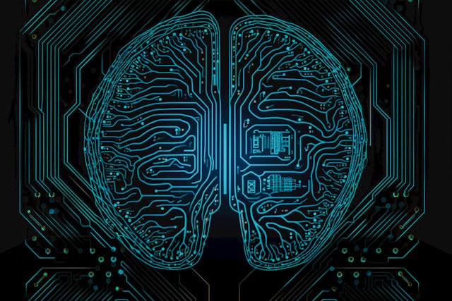 a computer circuit board with a brain in the middle of it