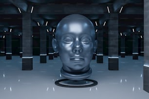 a large head in a room with columns