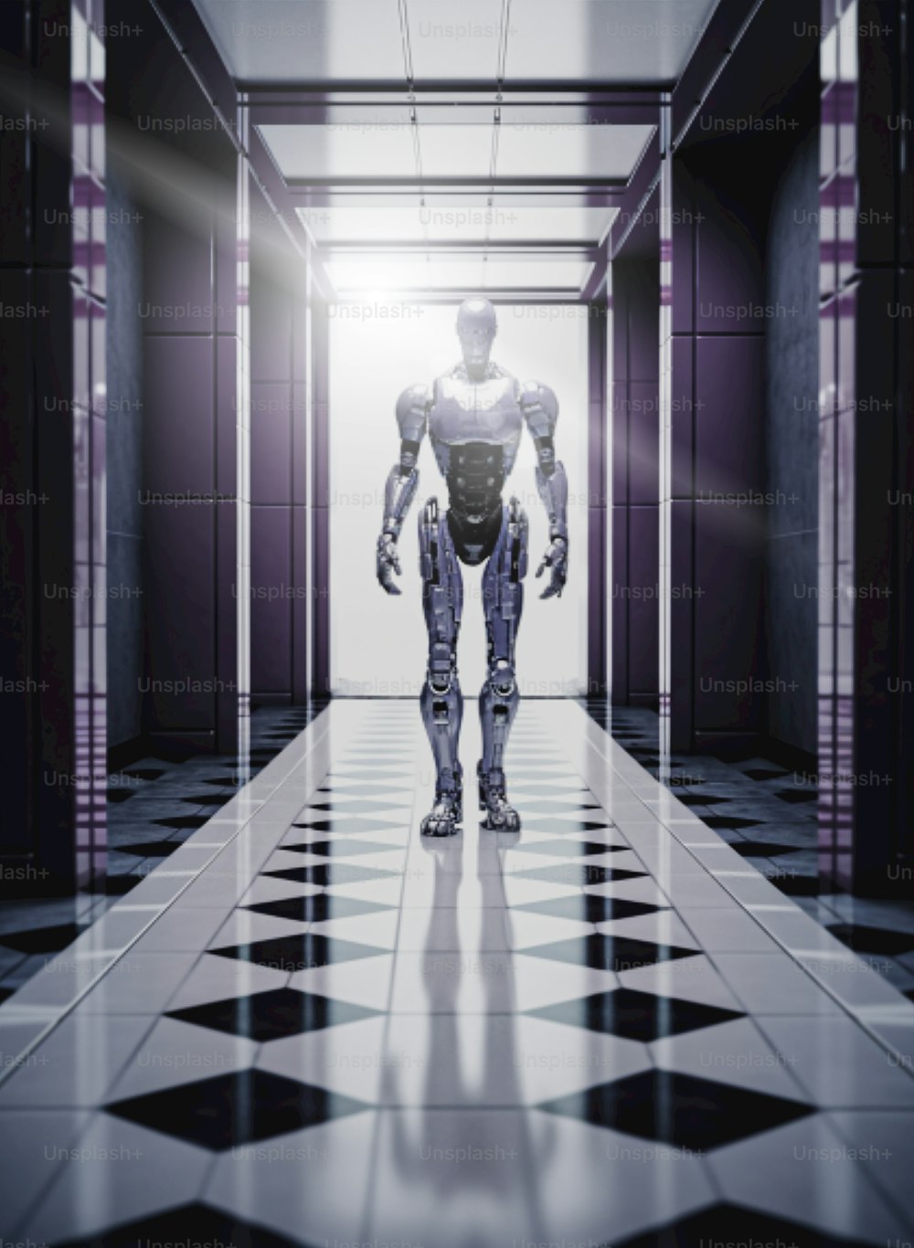 Un robot in piedi in un corridoio con un pavimento a scacchi