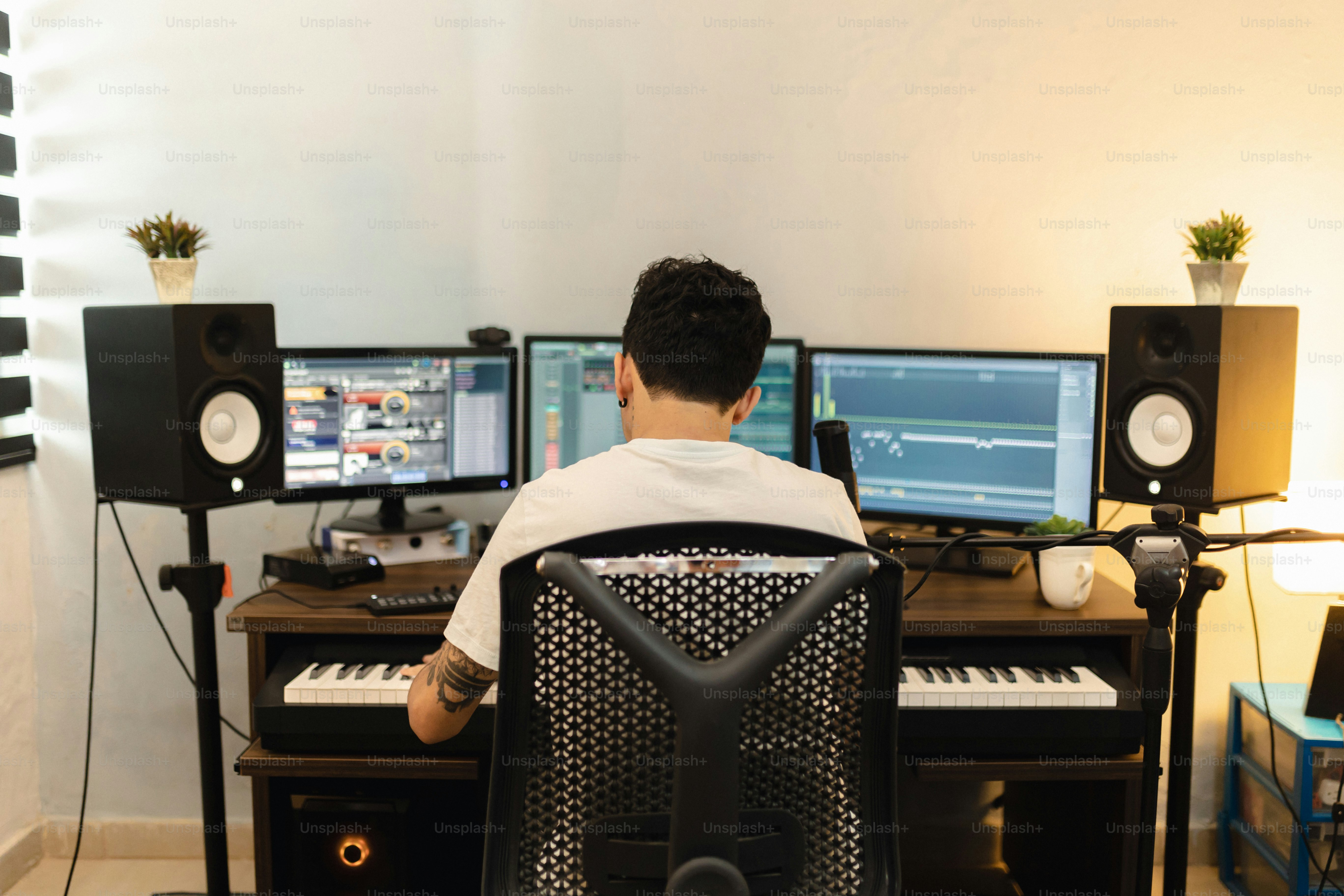 두 대의 컴퓨터 모니터 앞에 책상에 앉아 있는 남자