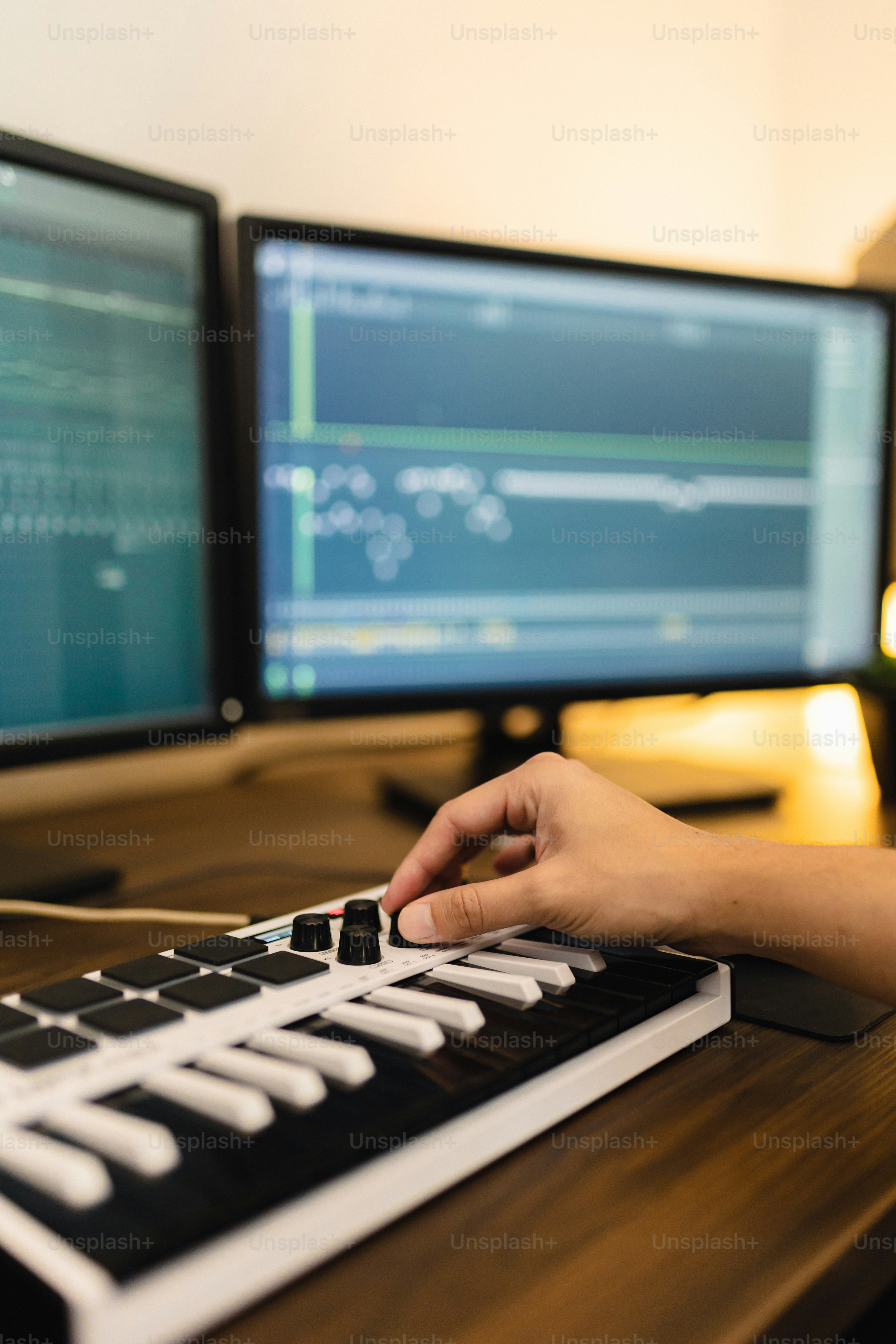 두 대의 모니터 앞에서 키보드로 타이핑하는 사람