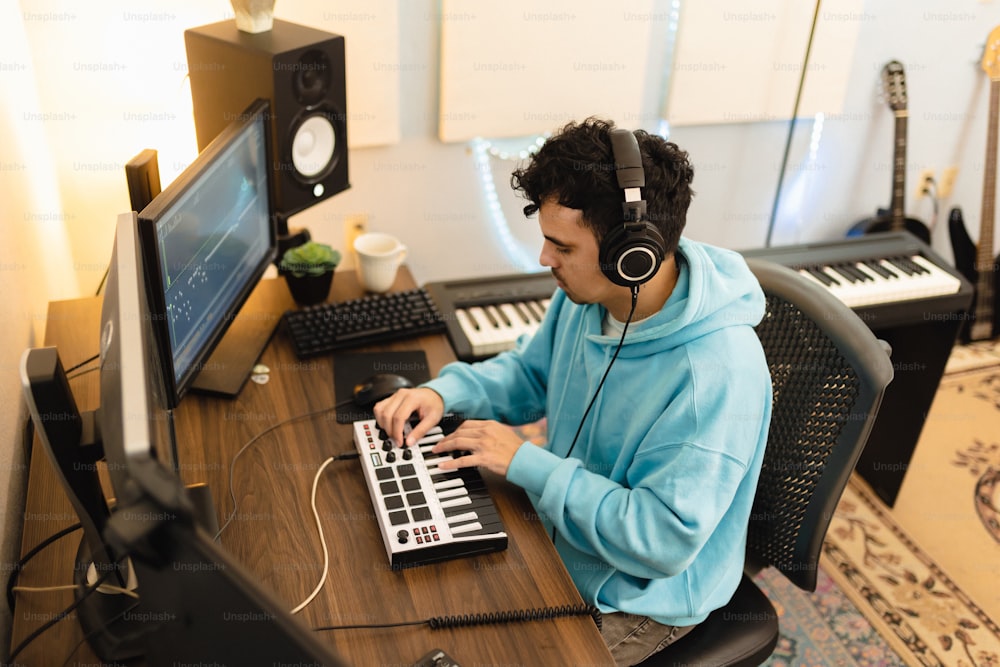 Ein Mann, der an einem Schreibtisch mit Tastatur und Kopfhörern sitzt